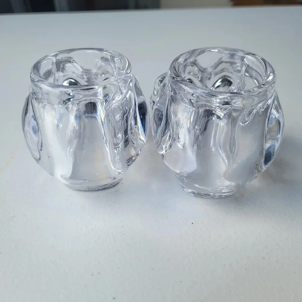 Set Of 2 Halloween Decor Art Glass Scull  Candleholder Tea Crystal Clear Heavy